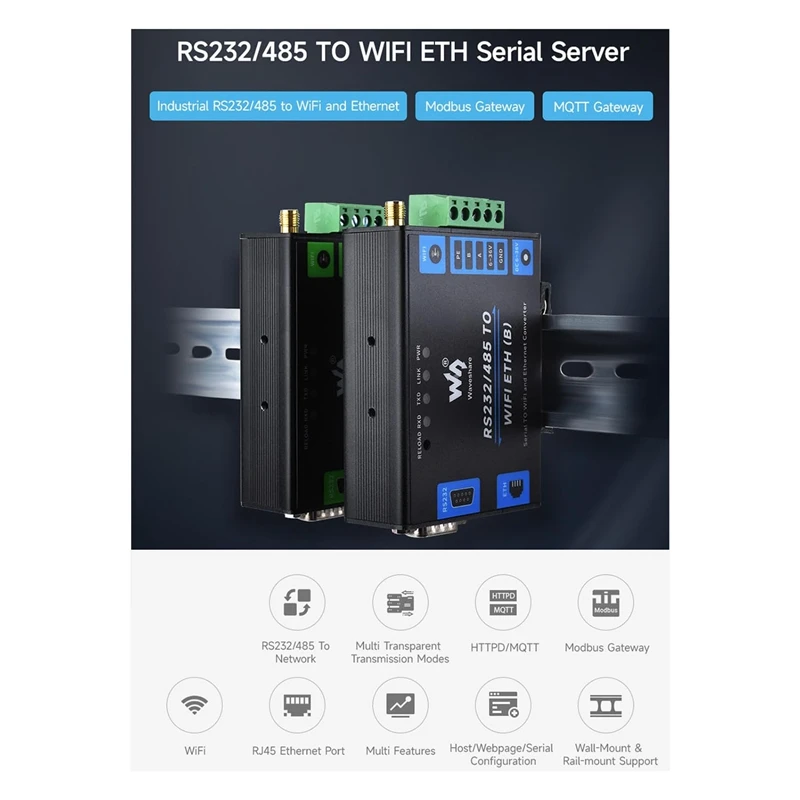 Waveshare RS232/485 To Wifi And Ethernet, Aluminum Alloy MQTT Gateway Ethernet To Wifi Industrial Grade Serial Server Converter