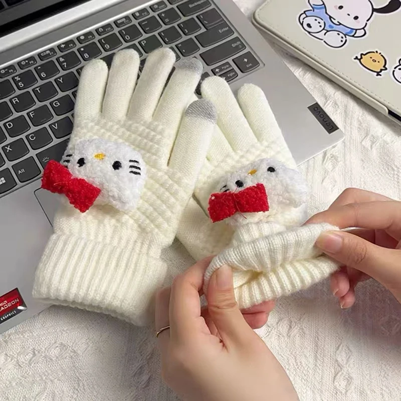 1Pair Cute Sanrio HelloKitty Knit Winter Warm Gloves Thickened For Students Holiday Gifts Cold-Proof Riding Gloves