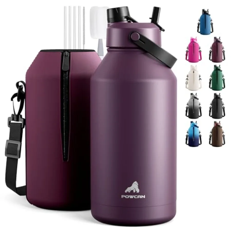 

Термос для воды 64 унции с крышкой 2-в-1 (соломинка и носик), герметичный, с верхней ручкой, сохраняет холод до 48 часов, без бисфенола А, матовый металлический.