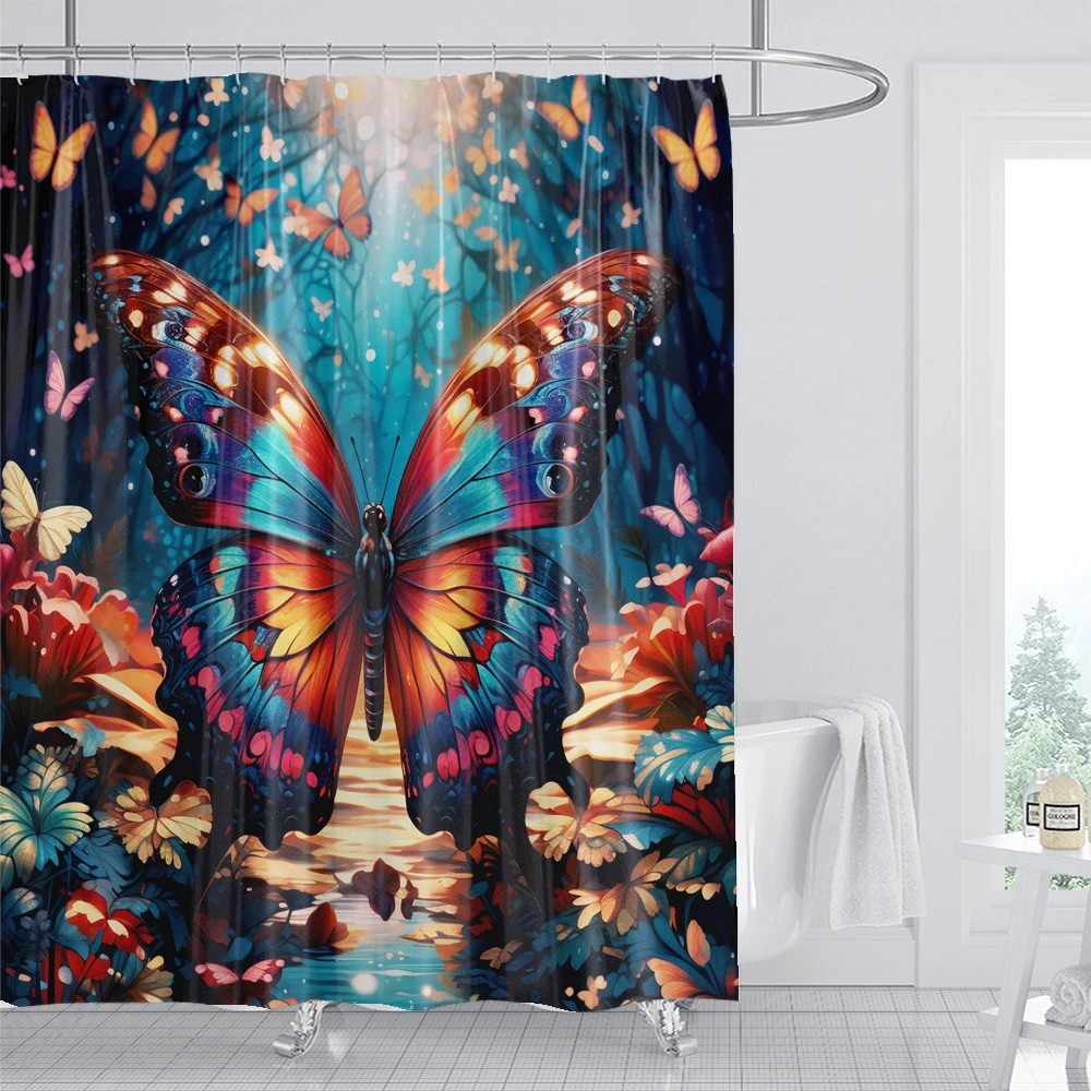 Bathroom Flower Shower Curtain, beautiful colorful painted butterflies print polyester fabric, bathtub shower curtain with hooks