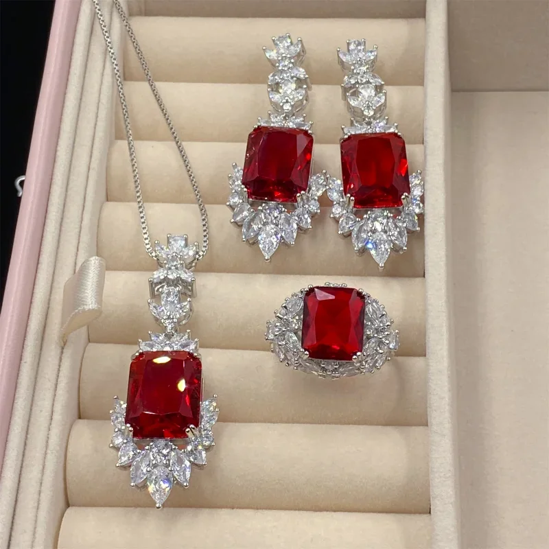 Vintage Ruby Diamond Jewelry set 925 Sterling Silver Wedding Ring Earrings Necklace For Women Bridal Engagement Jewelry Gift