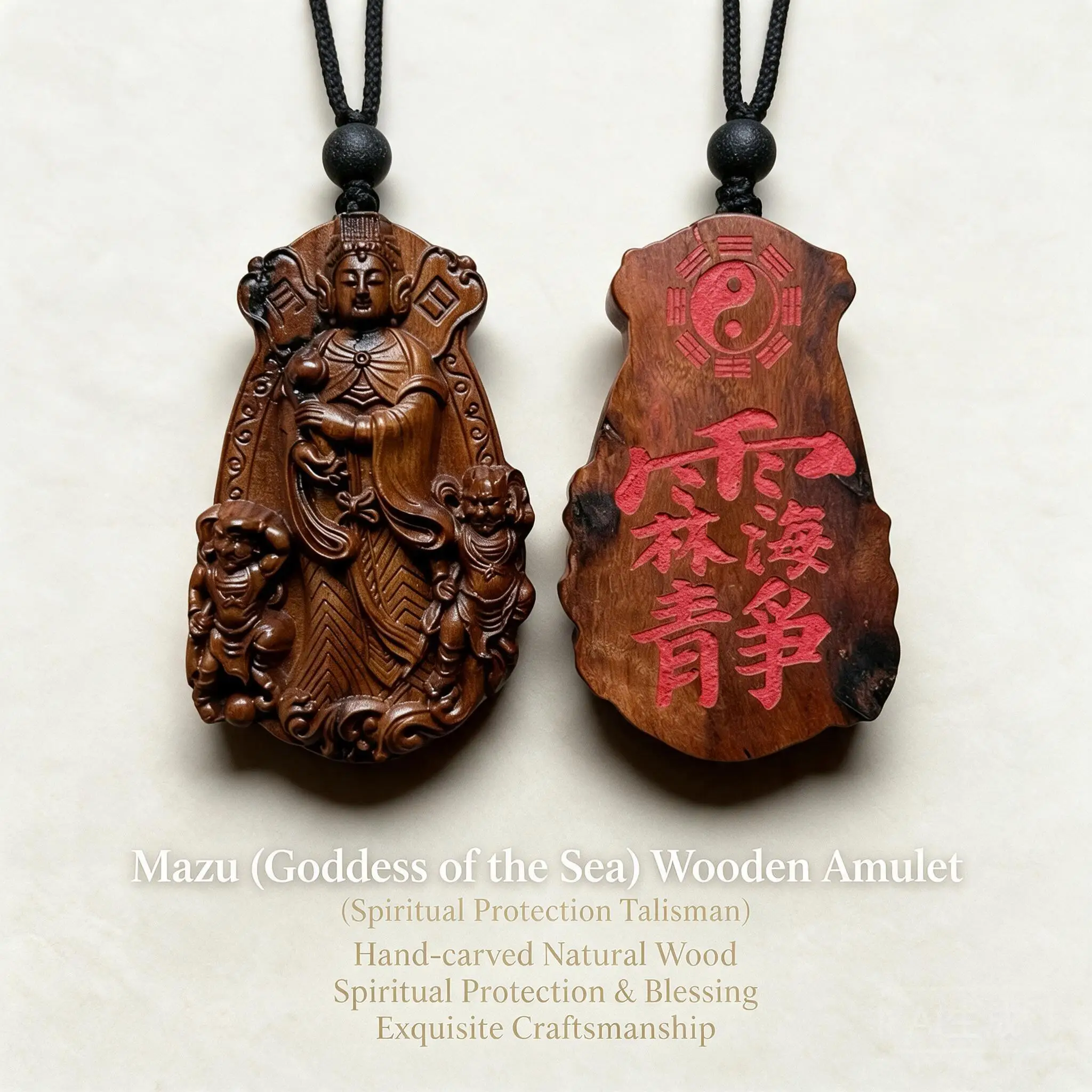 Chinese Style Lightning Struck Jujube Wood Mazu Goddess Pendant Double Sided Carved Lucky Blessing Corded Amulet Talisman Gift