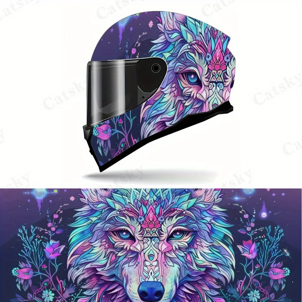 

Mysterious Purple Wolf and Purple Flower Motorcycle Helmet Vinyl Wraps Decal, Self-adhesive Waterproof Helmet Decoration, DIY Gr