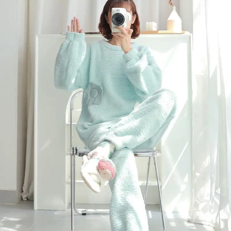 Pjs Set Flowers Thicken Women's Pajama Set Women's Warm Winter Pajamas Fashionable Home Clothes Pajamas Cute and Soft Pajama Set
