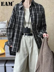 [EAM] Women Black Plaid Vintage Big Size Casual Blouse New Lapel Long Sleeve Shirt Fashion Tide Spring Autumn 2024 1DH7678