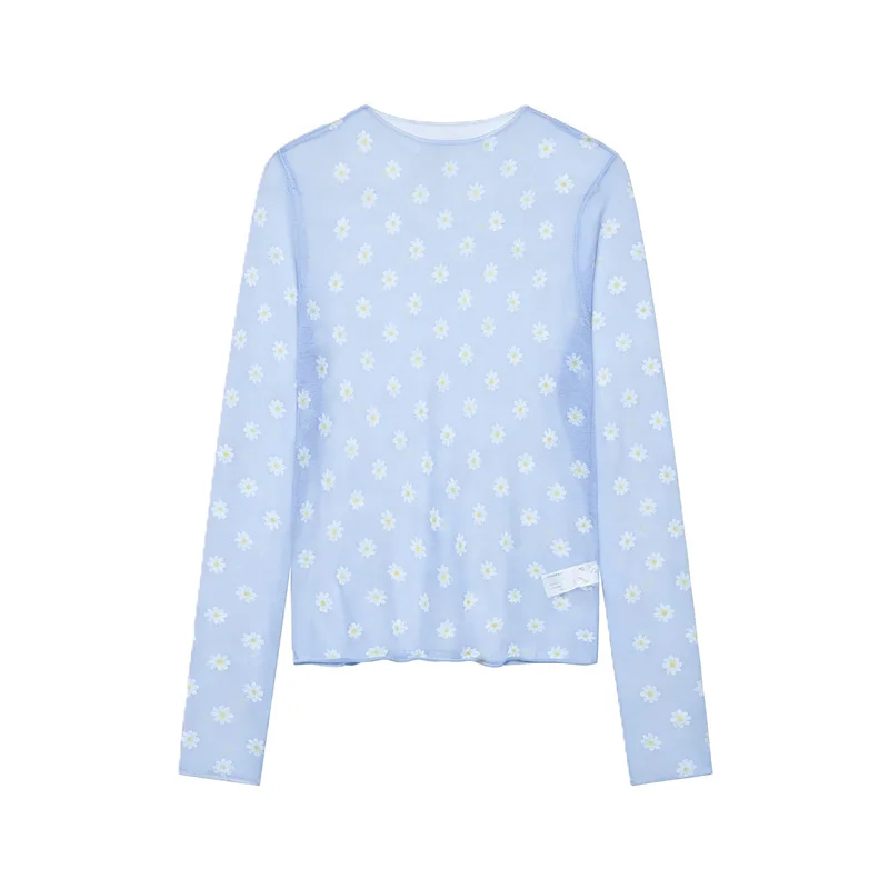 2026 Summer New Style Women's Top Light Blue Long-Sleeve Polka Dot Sexy Transparent Sun-Protective Top Beach Vacation Trendy