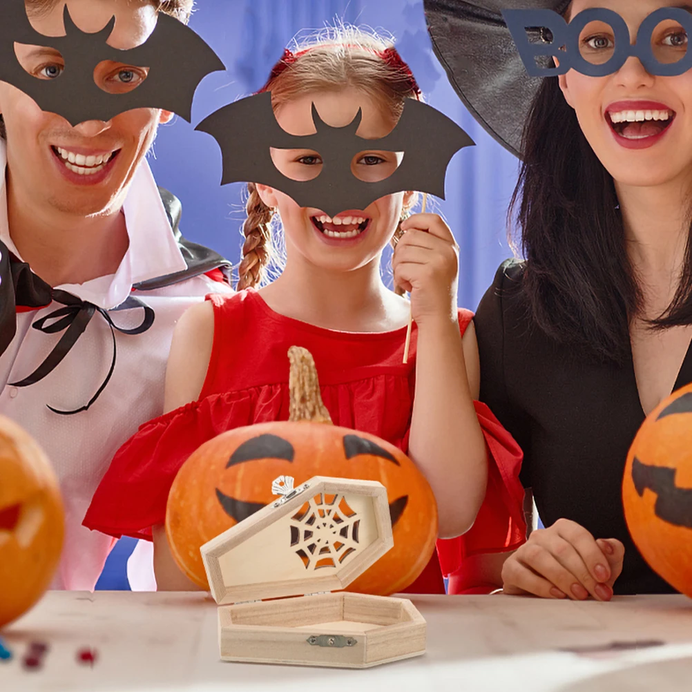 2 قطعة صندوق خشبي صغير لم تنته التابوت علبة مجوهرات القوطية نمط الخفافيش ويب انقطاع تخزين لمهرجان حفلة كاندي حلقة القرط