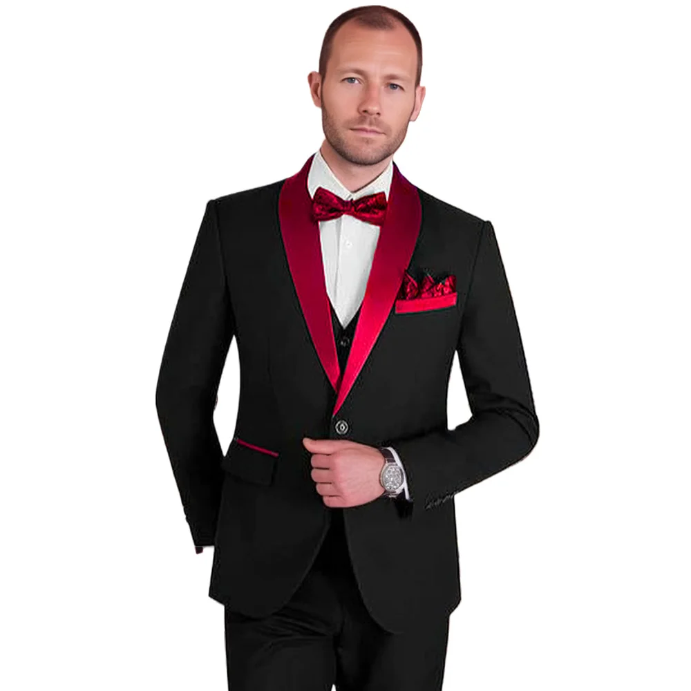 

Men Skinny Formal Tuxedo Prom Suit Red Shawl Lapel Dinner Suit Wedding Suits High Quality Dress Jacket Coat Pants