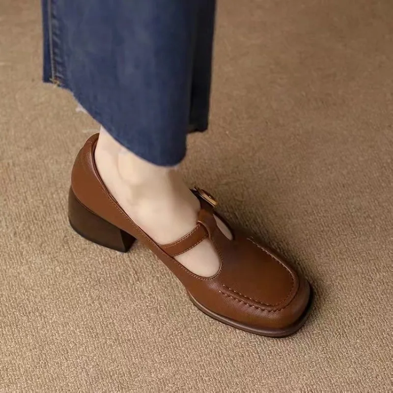 British High-heeled Small Leather Shoes for Women, Thick Toe, Retro Brown Light Mouth Buckle Single Shoe Women view 3