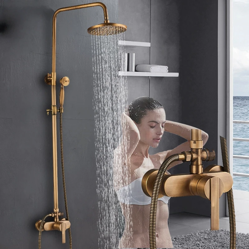 

Rainfall Bathroom Shower Set Brass Antique Shower Mixers with Handshower Single Handle Wall Mounted Shower Faucet Tap