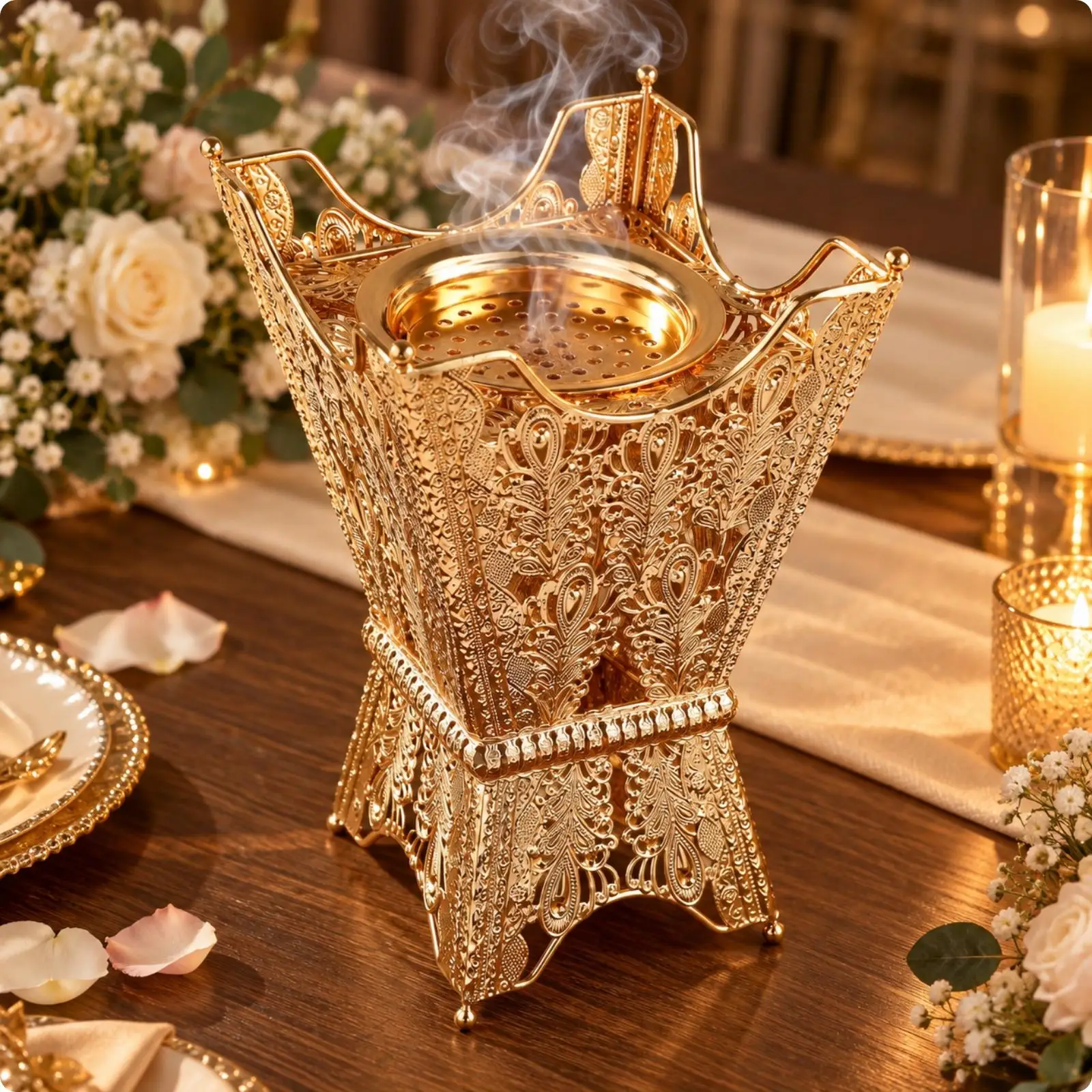 Elegant Gold Iron Incense Burner with Perforated Inner Tray for Home Fragrance and Decor Display