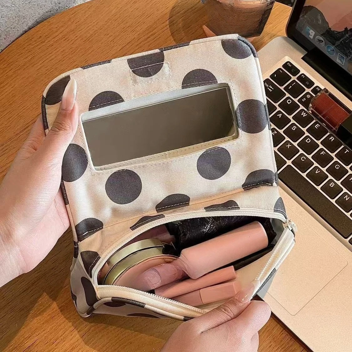 New Fashion Canvas Cosmetic Bag Large Capacity Makeup Storage Pouch Portable Travel Organizer Bag with Mirror for Women
