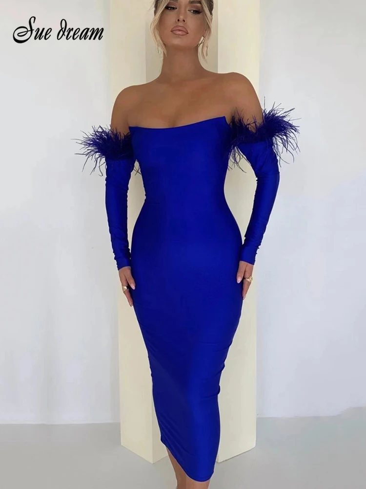 

2022 New Autumn Women's Sexy Off Shoulder Long Sleeve Blue Feather Bodycon Bandage Dress Elegant Celebrity Club Party Dress