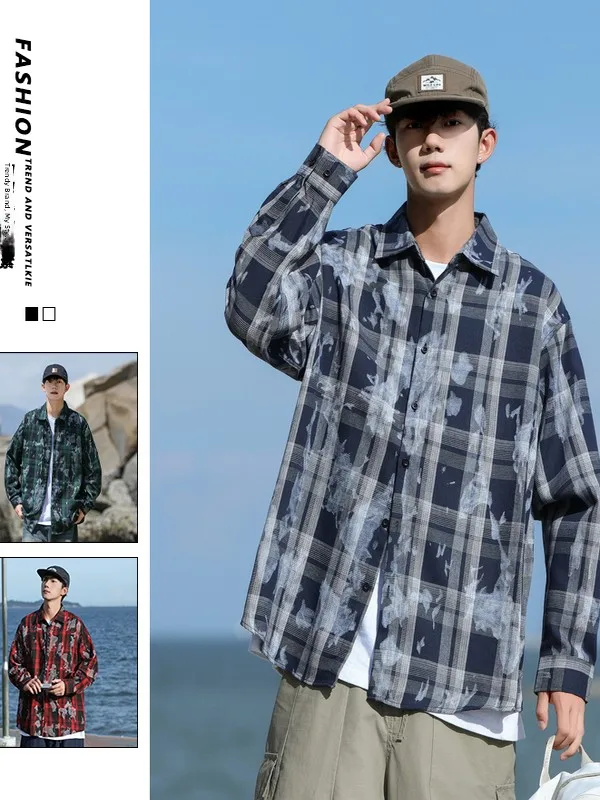 

Retro Plaid Long Sve Casual irt Men's Loose Fit Workwear Coat Turn-down Collar Breathable Polyester Cotton Blend