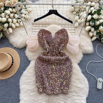 Seksowna sukienka z cekinami z bufiastymi rękawami bez ramiączek Szykowna sukienka wieczorowa Vintage Party Club Sukienka damska Szykowna sukienka na biodra