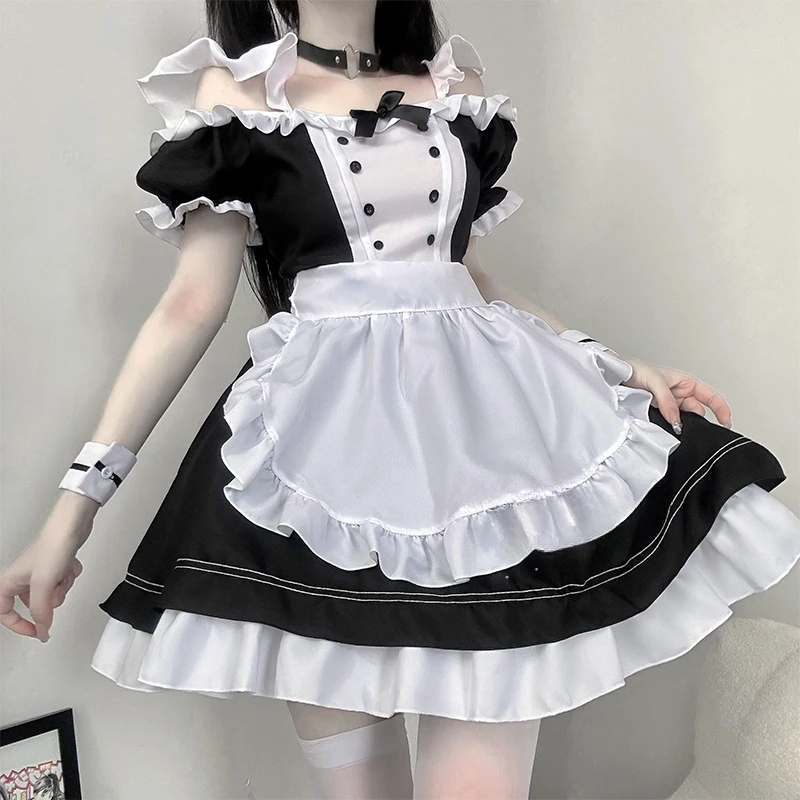 

Sweet Maid Gothic Lolita Dress Halloween Party Cosplay Cat Girl Fantasy Waitress Black Uniform Anime Off-the-shoulder Costumes