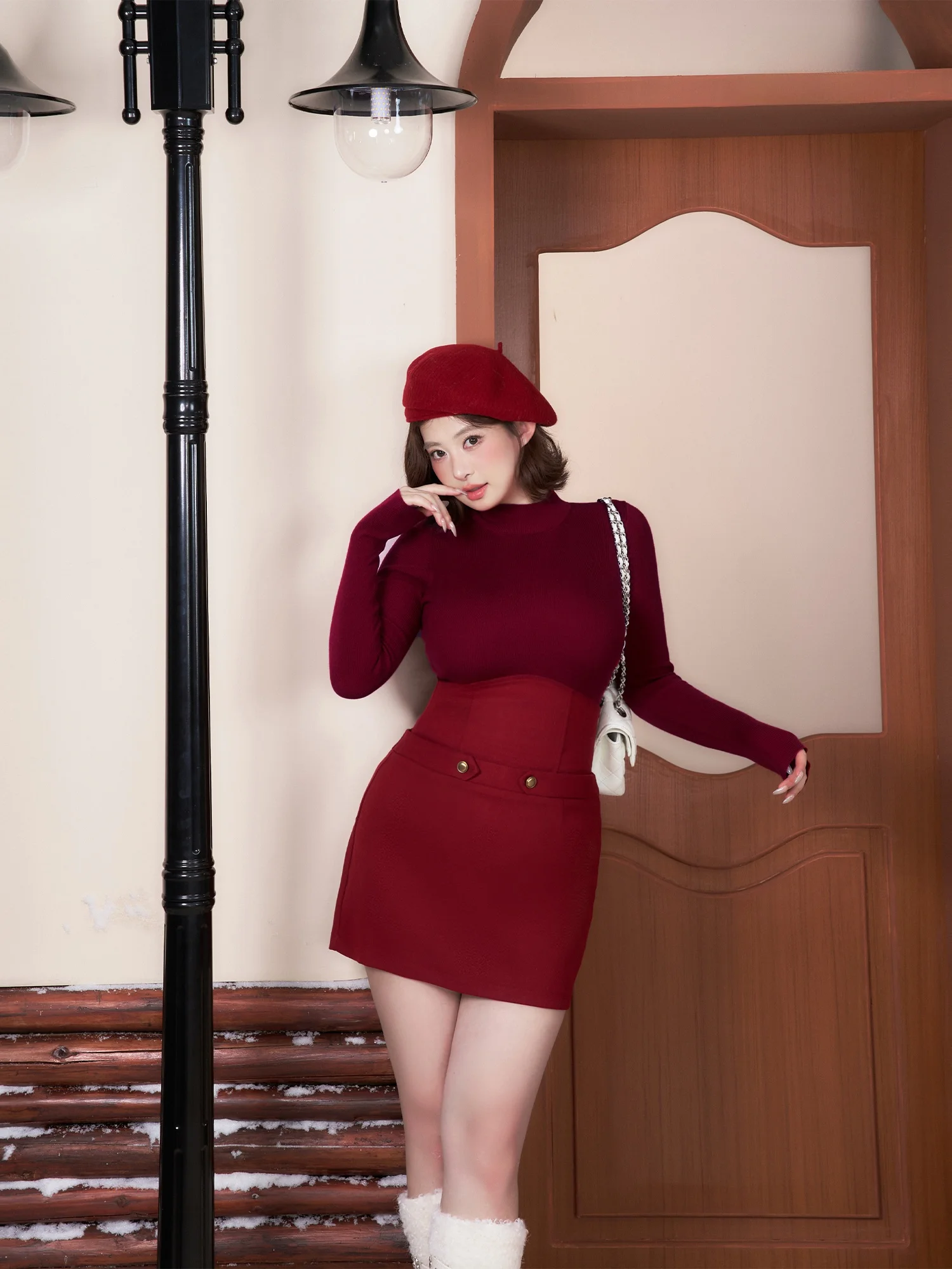 

Red Knitted TEE Women's Slim Fit Long Sve High Collar Pure Color Commute Sle plus Size Inner Wear Top by Zhou Bai Zi