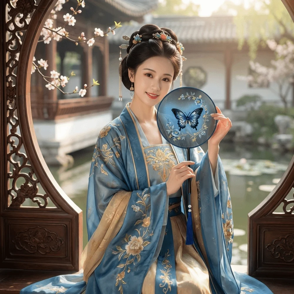 Chinese Style Double Sided Embroidery Fan Long Handle Classical Vintage Hand Fan with Tassel Semi-Transparent Flower Silk Fan