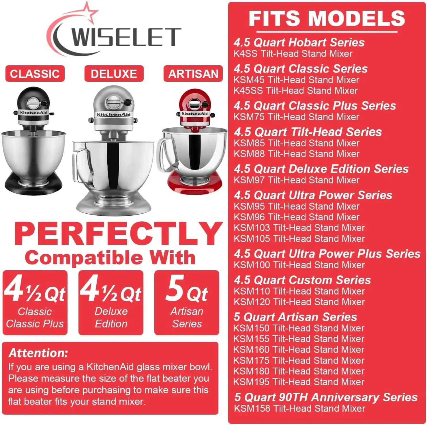 For KitchenAid 4.5-5QT Stand Mixers Stainless Steel Flat Beater Accessories Replacement for KitchenAid Mixer Attachments