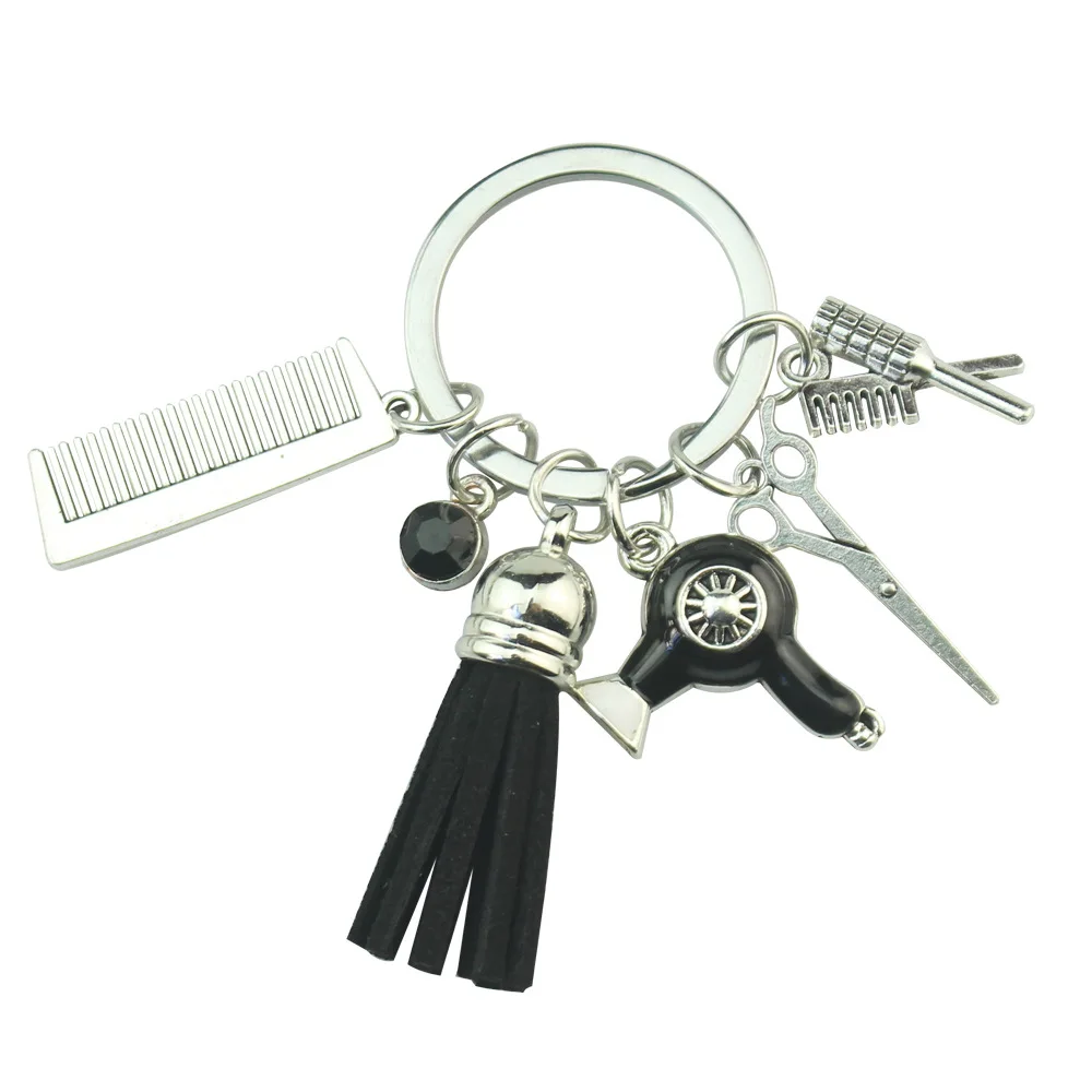 black tassel keychain hairstyle gift charm tassel keychain retro jewelry mini hairdressing scissors hair dryer comb keychain DIY