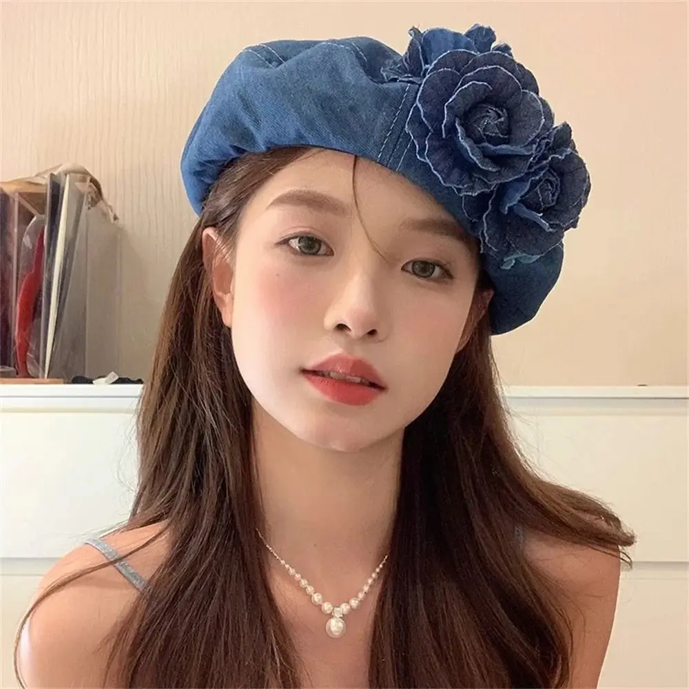 

New Denim Color Cotton Painter Hat Camellia Trendy Fluffy Beret Hat Spring and Summer Contrasting Colors Flower Beret Cap