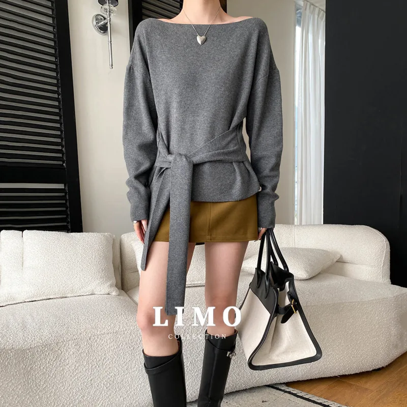 

LIMO 2025 Spring Summer Women's Off Shoulder Tie Belt Knitted Sweater Top Casual Chic Ribbed Design Polyester Daily Wear