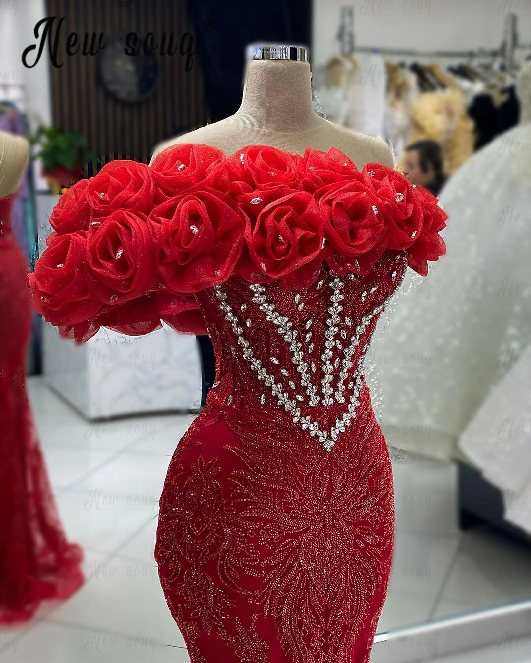 Vestido de fiesta de flores rojas, vestido de noche de trompeta con cristales preciosos, vestidos formales elegantes rosas para boda, cuentas hechas a medida, 2024