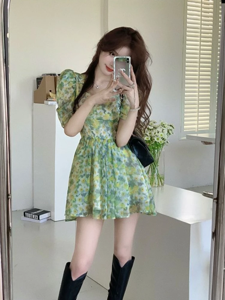 Mini Dresses Women Summer Holiday Floral Aesthetic A-line Sweetheart Chic French Style Gentle Popular Leisure Literary College