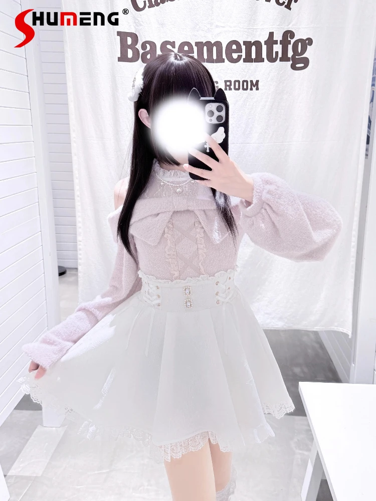 

2026 Spring Original Japanese Mines Style Bow Lace Splicing Crew Neck Off-Shoulder Long Sleeve Sweet Pink Knitted Pullover Women