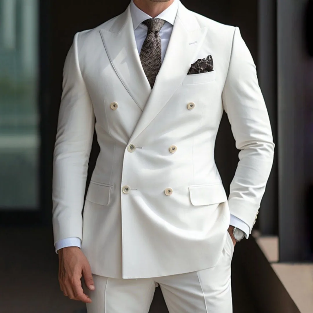 

Men Suit 2 Pieces Ivory Double Button With Lapel Solid For Wedding Groom Birthday Banquet Work Tuxedos Set Jacket And Pants