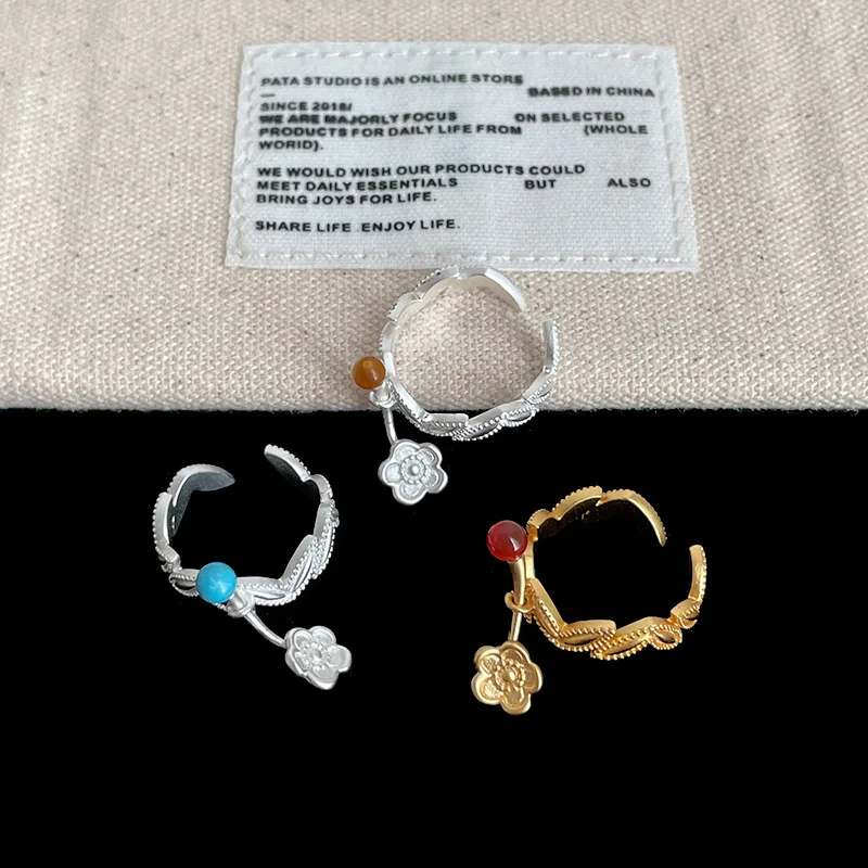 Minar Retro Natural Stone Red Agate Kallaite Ear Flowers Open Adjustable Cocktail Ring for Women Real Gold Silver Plated Copper