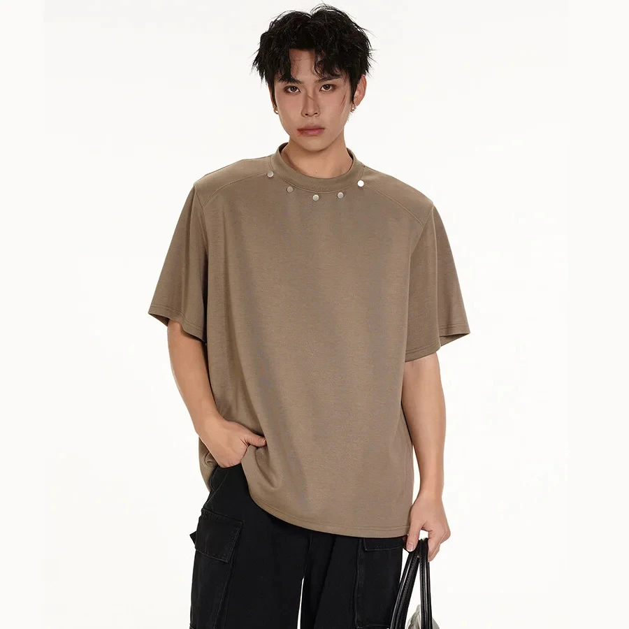 Men Summer Shoulder Pad Rivet Streetwear Fashion Loose Short Sleeve T-shirt Casual T Shirts Hip Hop Tshirts
