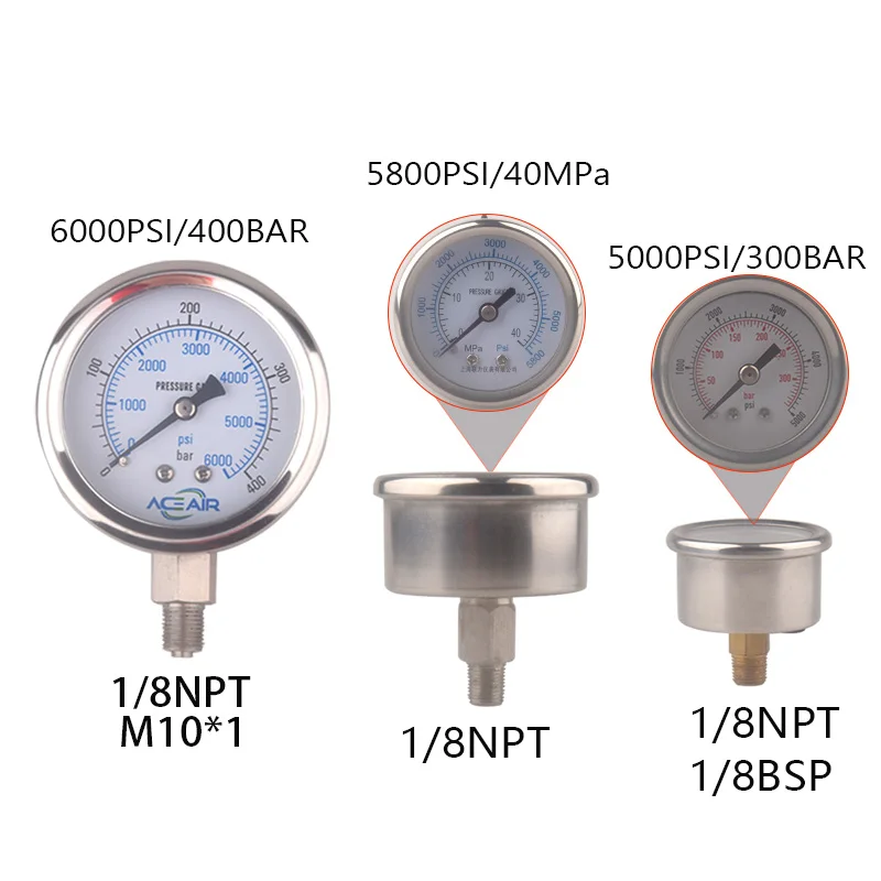 HPA M10*1 1/8BSP 1/8NPT Pressure Gauge Big Manometer PSI BAR MPA For Compressor Station Scuba Pneumatic Equipment Fittings