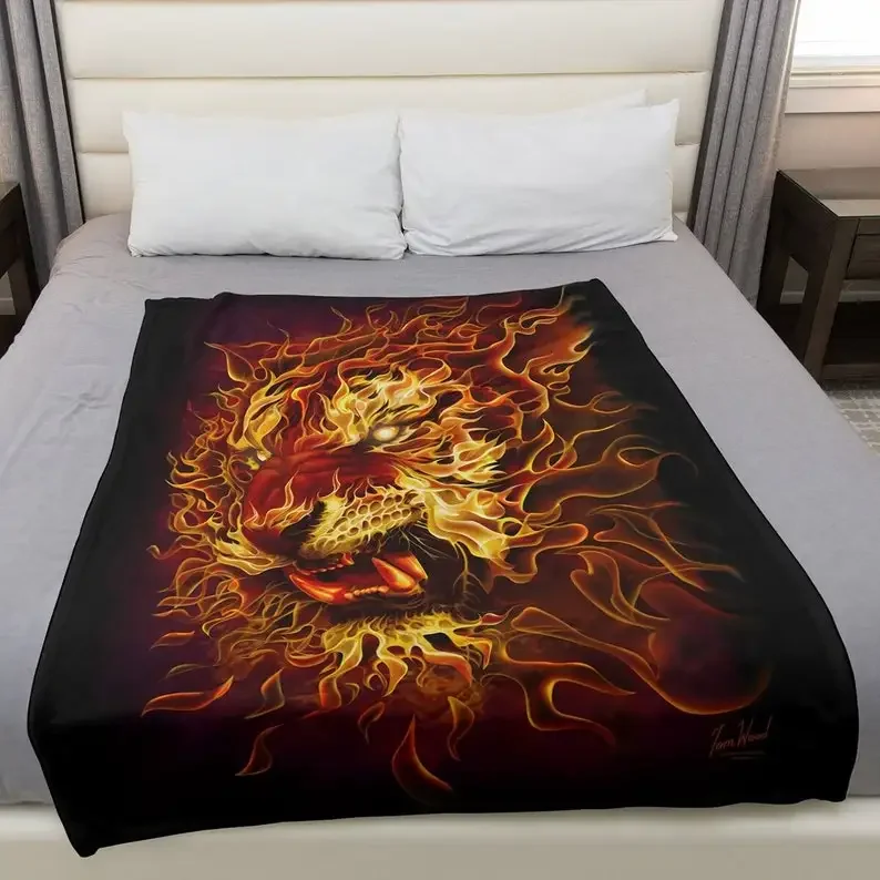 Fire Tiger Blanket Wildlife Tom Wood Fantasy Art Decorative Flannel Blanket Home Decor For Couch Chair Bedroom Applicable