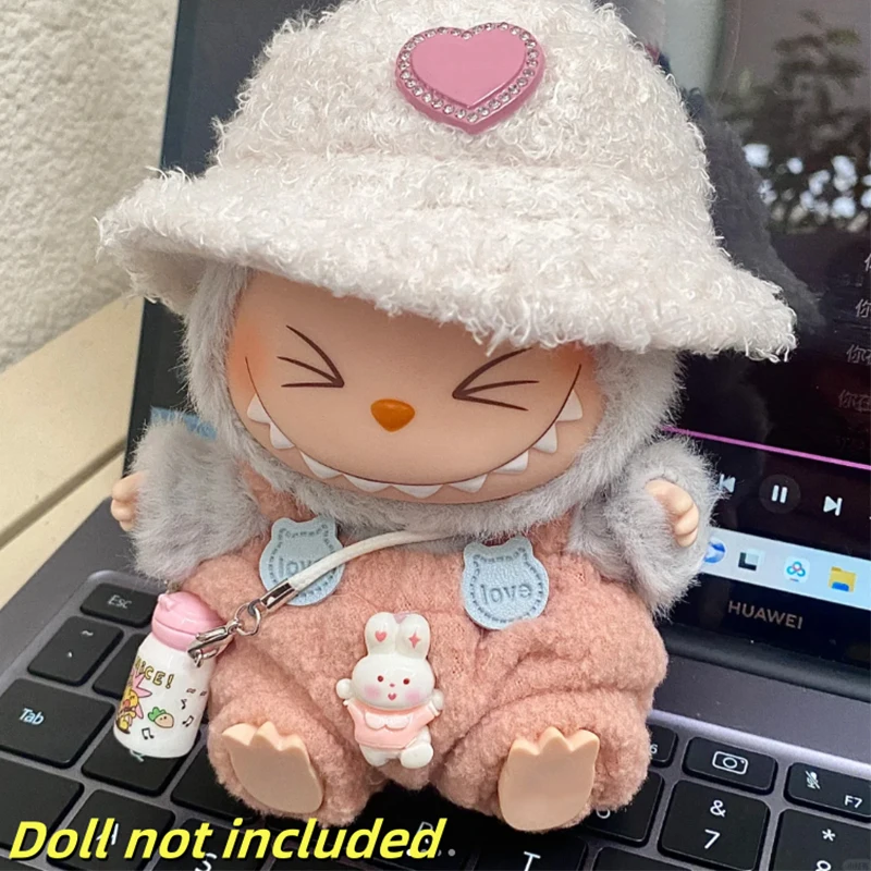 

17cm Cute Mini Plush Doll Clothes Accessories Labubu Idol Doll Princess Dress Clothing DIY Gift, Pink Overalls + White Plush Hat