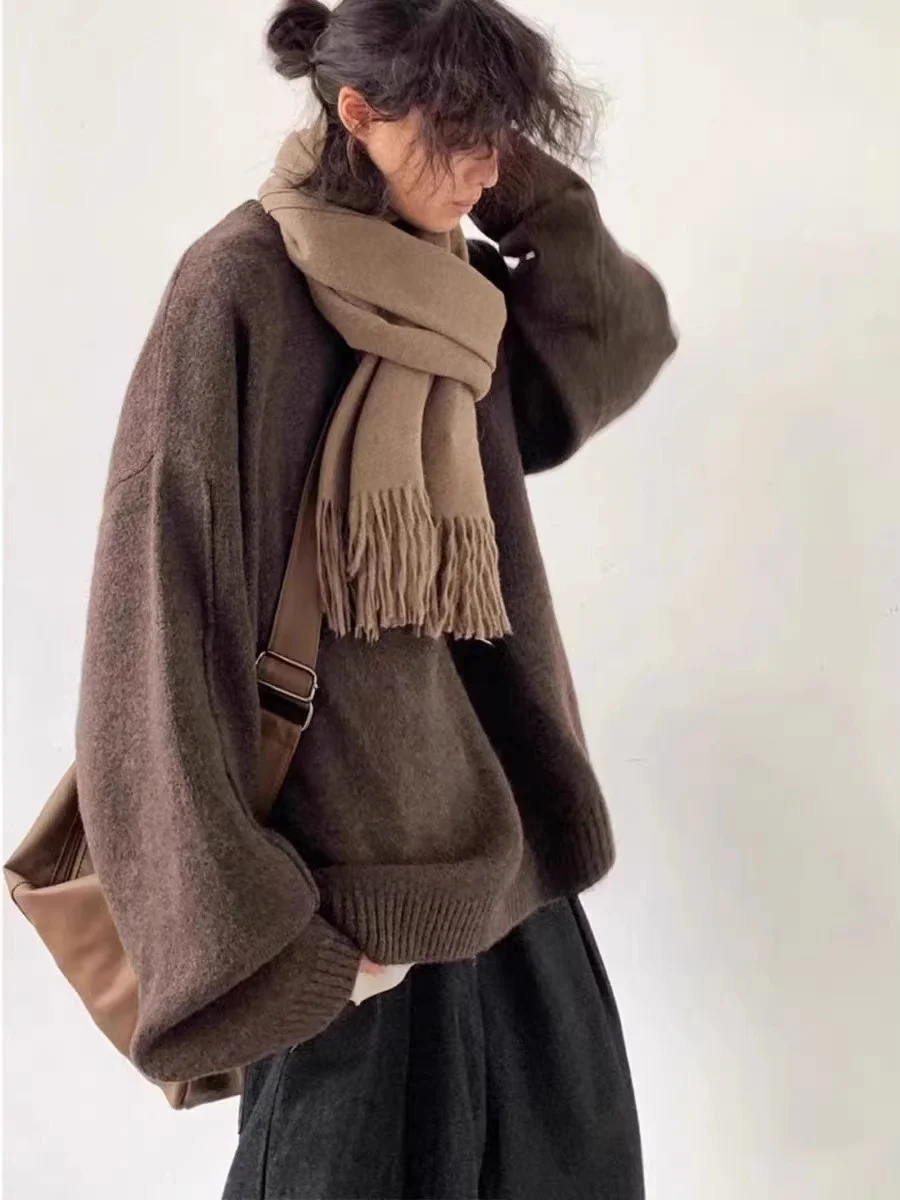 

Retro Japanese Sle Pure Color Knitted Sweater Loose ex Autumn Winter College Sle Outerwear Youth Casual Long Sve