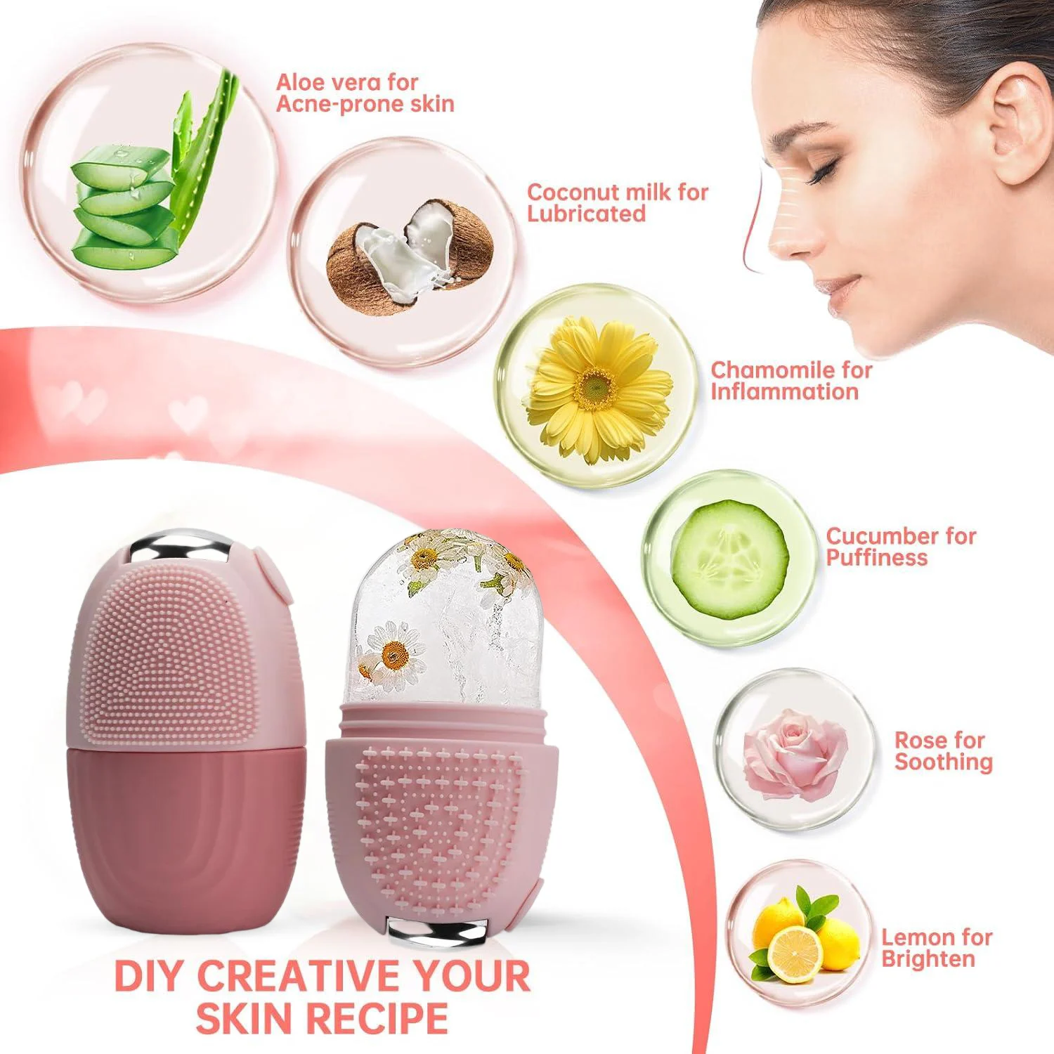 Ice roller suitable for face and eyes - facial skin care tool, self-care gift for men and women (pink)