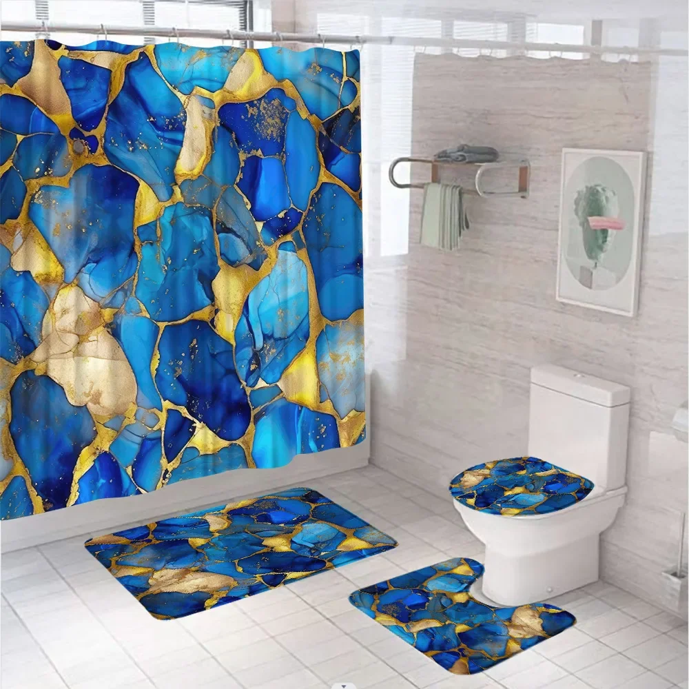 Blue Marble Shower Curtain Set Toilet Lid Cover Non-Slip Rug Luxury Gold Marbling 4Pcs Modern Abstract Bathroom Curtains 12 Hook