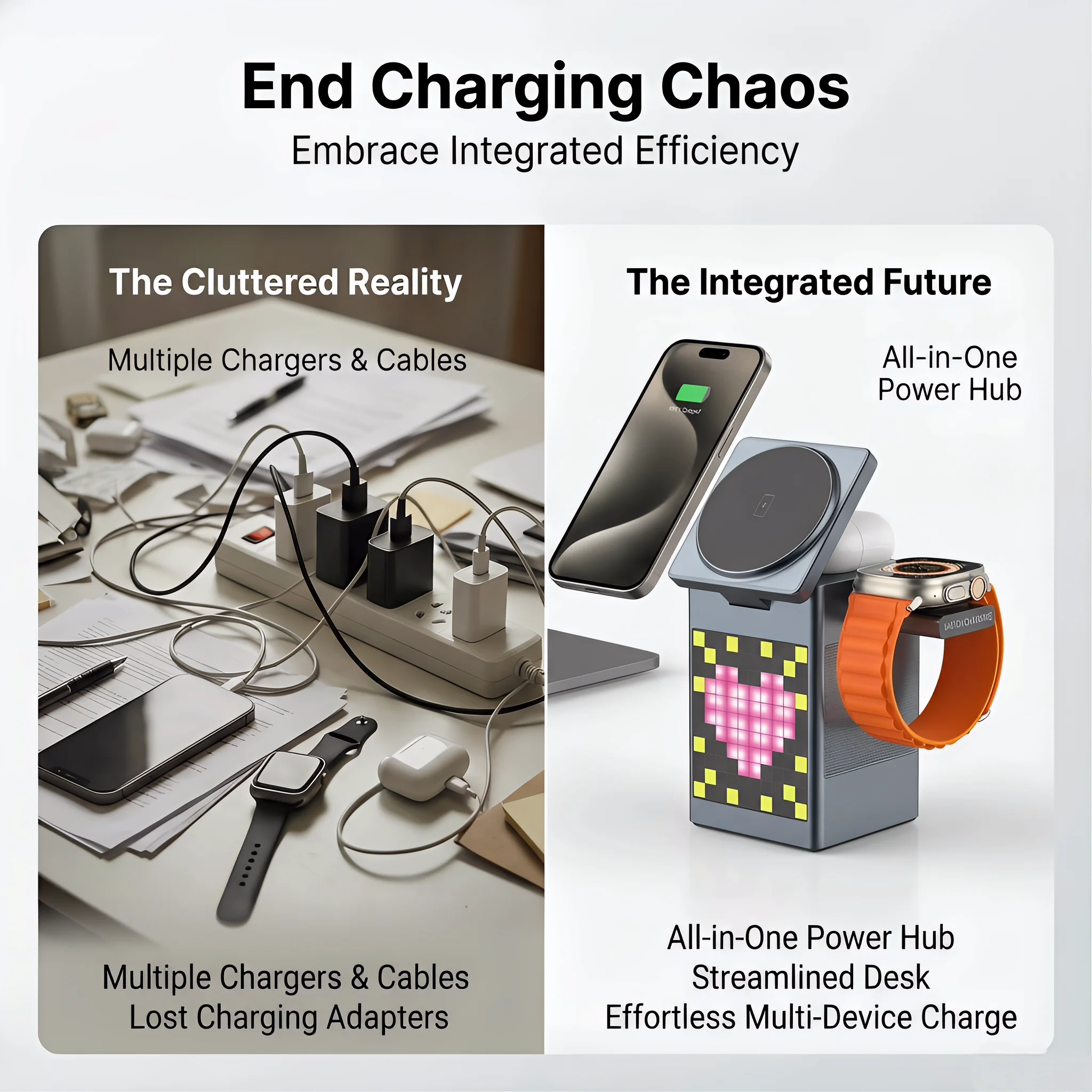 

Зарядная станция 6-в-1 с поддержкой MagSafe, мощностью 15 Вт, Bluetooth-колонкой, цифровыми часами и пиксельным дисплеем для iPhone и Apple Watch