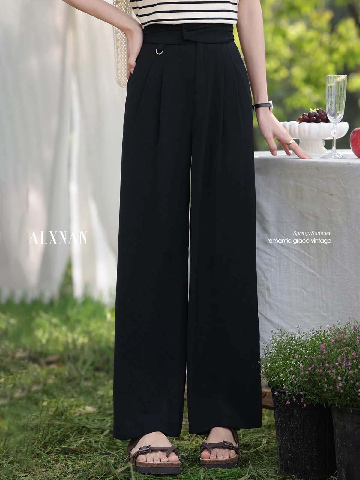 

ALXNAN Women's Black Pants Elegant Straight Wide-leg Baggy Pants 2025 Summer Casual Office Lady Loose-fit Female Trousers L55682