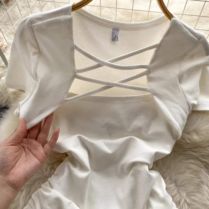 Dress Girls Summer New Square Neck Drawstring Solid Color Fashion Short Sleeved 2024 Simple Elastic Waist Fashion