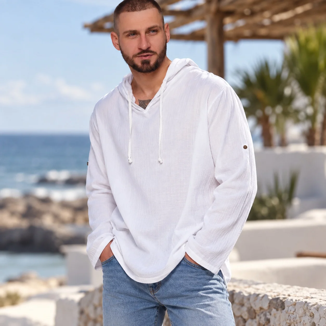 Pull on Hooded Blouse European and American Style with Lightweight Hooded Shirt Pintuck Stitching Summer Men Shirts