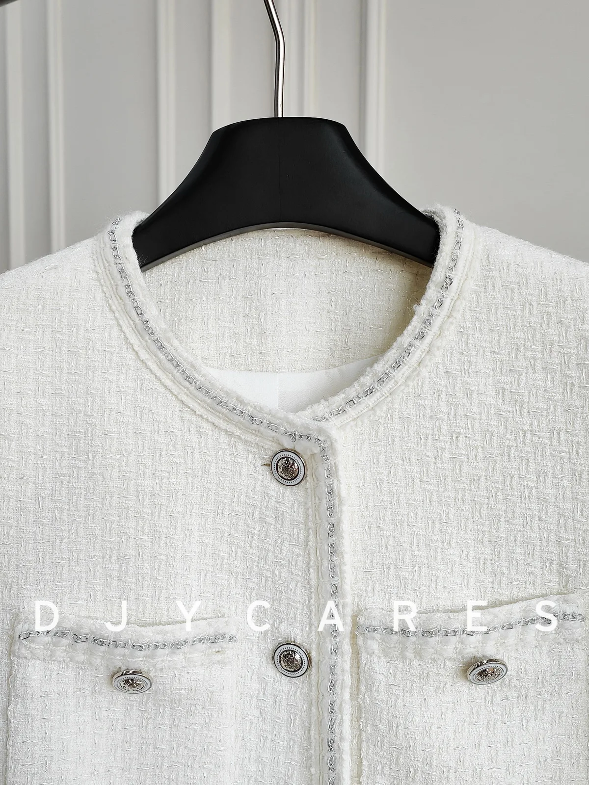 New Coarse tweed elegant white round neck jacket simple commuting top big  size