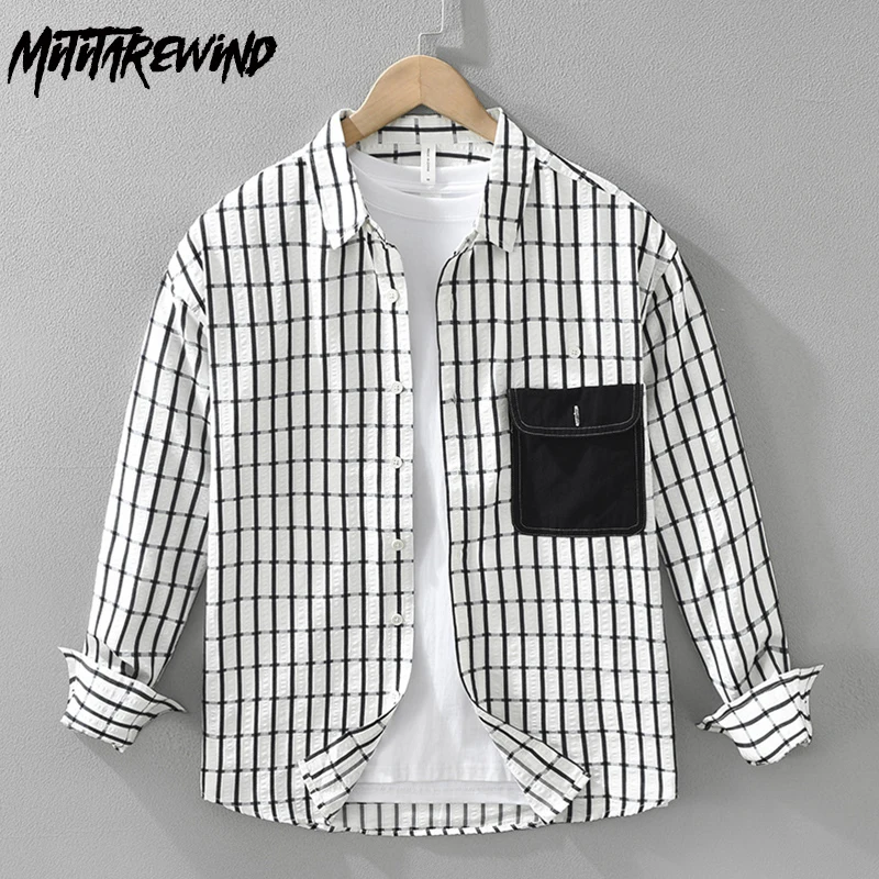 

Autumn Japanese Fashion Plaid Shirt Men Daily Causal Long Sleeve Shirt Man Pocket Patchwork Designer Shirt Youth Tops 2024 New