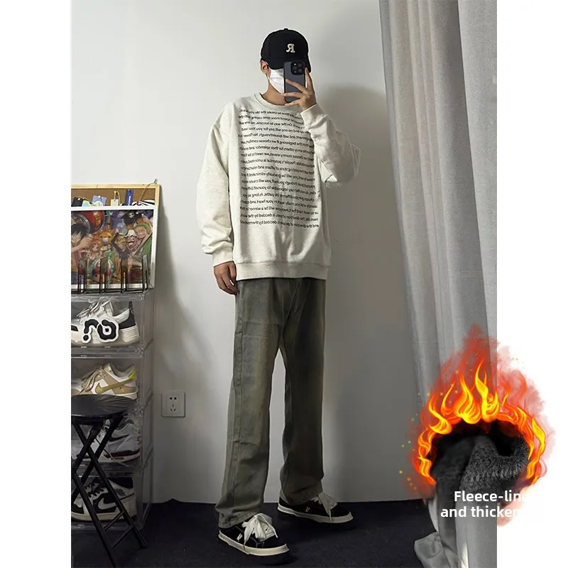 

Мужские джинсы в американском ретро-стиле, осенне-зимние, утепленные, свободного прямого кроя, повседневные брюки, модные, в стиле High Street Vibe