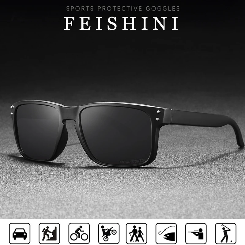 FEISHINI High Quality TR90 Driving Glasses Man Vintage Square Frame Light Plastic Titanium Sunglasses Men UV Protection