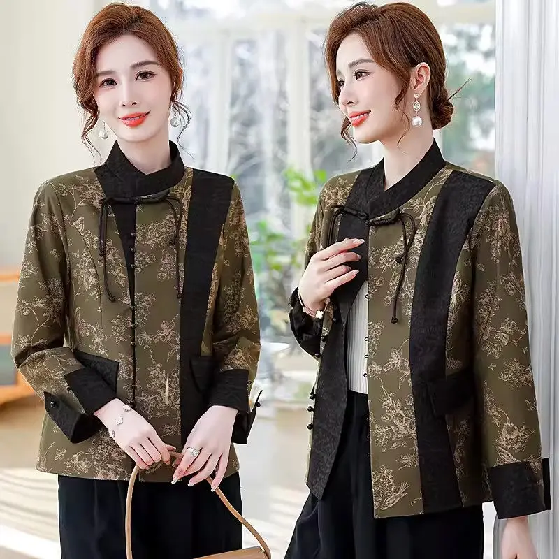 Standing Collar New Chinese Style Jacket  2024 Spring And Autumn Fashion Patchwork Jacquard Coat Retro Elegant Thin Top K069