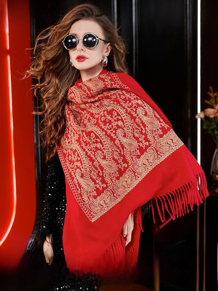 

Теплый утолщенный широкий вязаный шарф для женщин с бахромой в ретро-стиле, полиэстеровая шаль для уличной фотосъемки