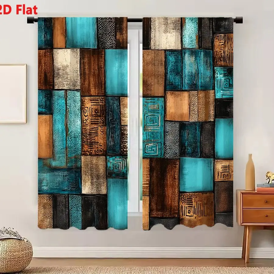 2Pcs Curtains Add 2D Flat Abstract Art Square Composition Earthy Brown Tan Black Turquoise Teal Rectangular Blocks Textured Geom