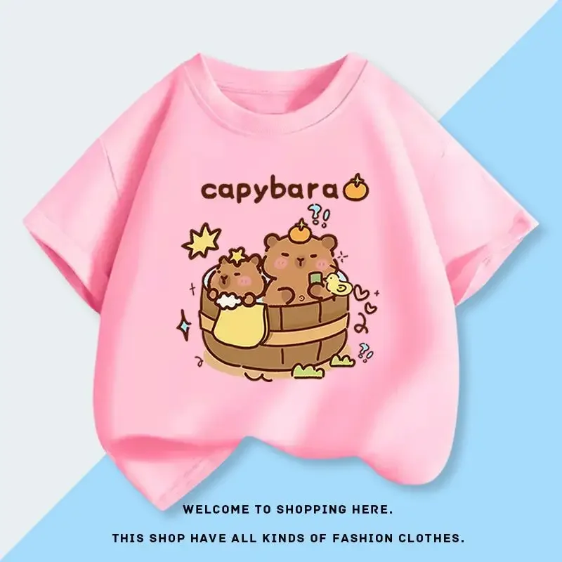 Kapibala Capybara Kids T-Shirt for Summer Pure Cotton round Neck Short-Sleeved Loose Fit Versatile Children's Top